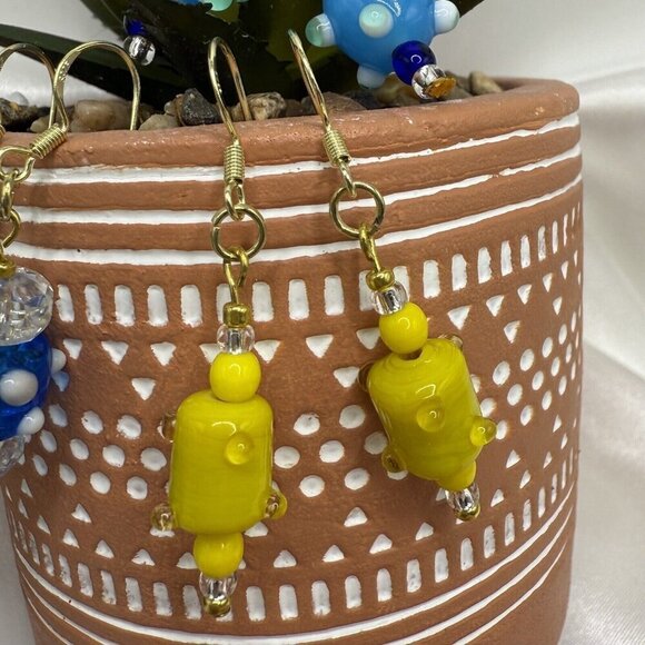 3 Sets REIMAGINED Venetian Lampwork Glass Bead Dangle Earrings 18K GP 925 Silver - Picture 4 of 7